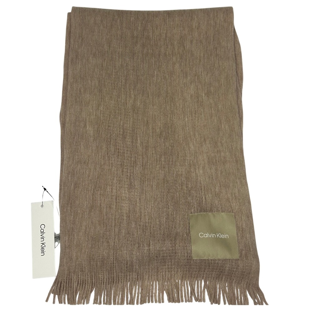 Calvin Klein Tan Ribbed Knit Scarf with Fringe and Logo Patch NEW‎
